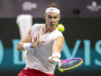 In Malaga, Spain, on November 16, 2024, Rafael Nadal of Spain plays a forehand during a Spain training session in preparation for the Davis...