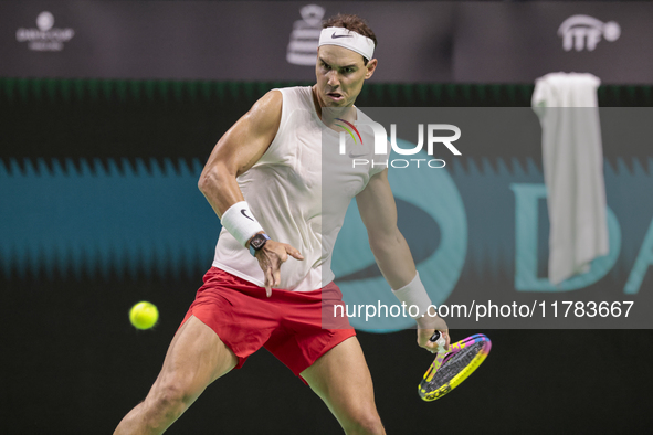 In Malaga, Spain, on November 16, 2024, Rafael Nadal of Spain plays a forehand during a Spain training session in preparation for the Davis...