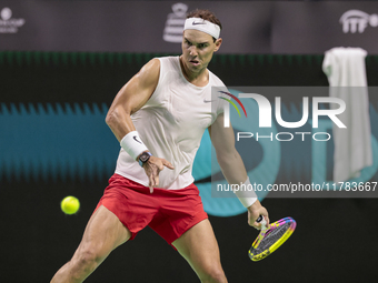 In Malaga, Spain, on November 16, 2024, Rafael Nadal of Spain plays a forehand during a Spain training session in preparation for the Davis...