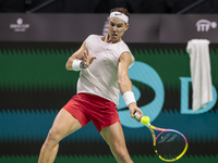 In Malaga, Spain, on November 16, 2024, Rafael Nadal of Spain plays a forehand during a Spain training session in preparation for the Davis...