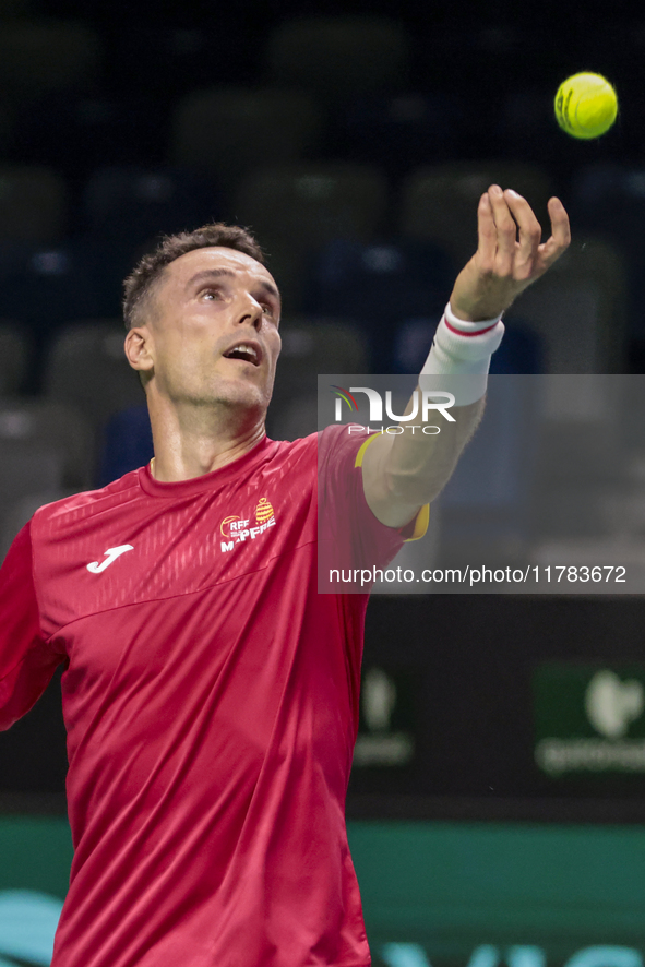 Roberto Bautista of Spain participates in a training session in preparation for the Davis Cup tie against the Netherlands at Palacio de los...