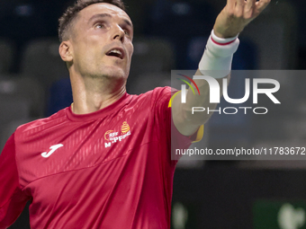 Roberto Bautista of Spain participates in a training session in preparation for the Davis Cup tie against the Netherlands at Palacio de los...