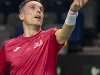 Roberto Bautista of Spain participates in a training session in preparation for the Davis Cup tie against the Netherlands at Palacio de los...