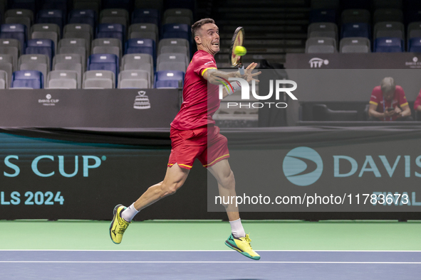 In Malaga, Spain, on November 16, 2024, Roberto Bautista of Spain plays a forehand during a Spain training session in preparation for the Da...