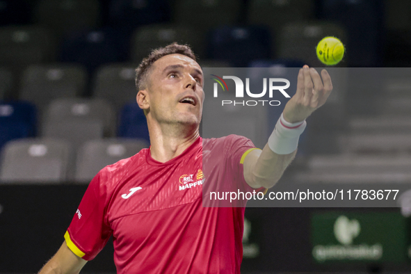 Roberto Bautista of Spain participates in a training session in preparation for the Davis Cup tie against the Netherlands at Palacio de los...