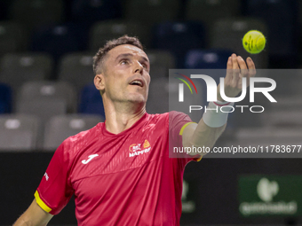 Roberto Bautista of Spain participates in a training session in preparation for the Davis Cup tie against the Netherlands at Palacio de los...