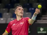 Roberto Bautista of Spain participates in a training session in preparation for the Davis Cup tie against the Netherlands at Palacio de los...