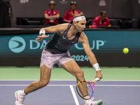 Rafael Nadal of Spain plays backwards during a Spain training session in preparation for the Davis Cup tie against the Netherlands at Palaci...