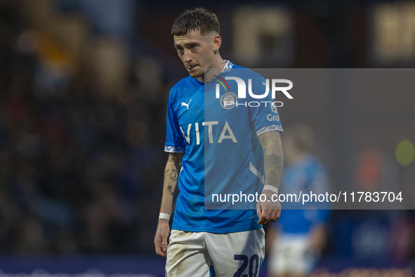 Louie Barry, number 20 of Stockport County F.C., participates in the Sky Bet League 1 match between Stockport County and Wrexham at Edgeley...