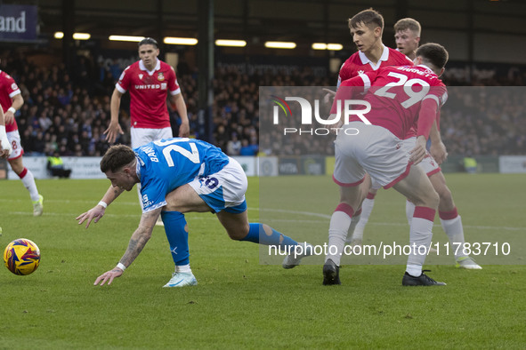 Louie Barry, number 20 of Stockport County F.C., is in action during the Sky Bet League 1 match between Stockport County and Wrexham at Edge...