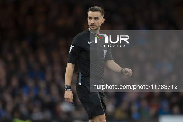 Referee Thomas Kirk officiates the Sky Bet League 1 match between Stockport County and Wrexham at the Edgeley Park Stadium in Stockport, Eng...