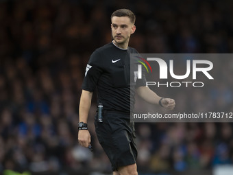 Referee Thomas Kirk officiates the Sky Bet League 1 match between Stockport County and Wrexham at the Edgeley Park Stadium in Stockport, Eng...