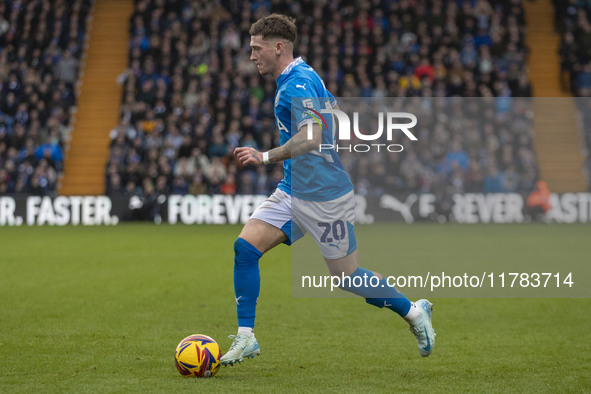 Louie Barry, number 20 of Stockport County F.C., is in action during the Sky Bet League 1 match between Stockport County and Wrexham at Edge...