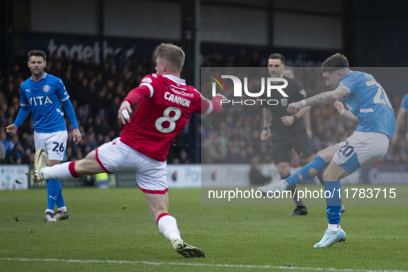 Louie Barry #20 of Stockport County F.C. scores a goal during the Sky Bet League 1 match between Stockport County and Wrexham at the Edgeley...