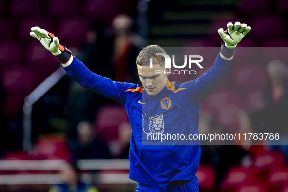 Netherlands goalkeeper Bart Verbruggen participates in the match between the Netherlands and Hungary at the Johan Cruijff ArenA for the UEFA...