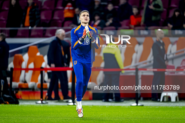 Netherlands goalkeeper Bart Verbruggen participates in the match between the Netherlands and Hungary at the Johan Cruijff ArenA for the UEFA...