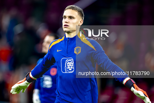 Netherlands goalkeeper Bart Verbruggen participates in the match between the Netherlands and Hungary at the Johan Cruijff ArenA for the UEFA...