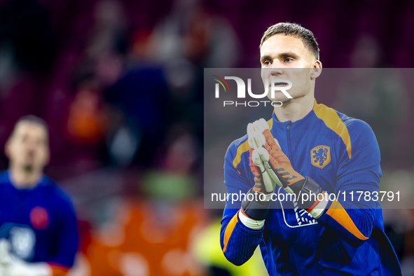 Netherlands goalkeeper Bart Verbruggen participates in the match between the Netherlands and Hungary at the Johan Cruijff ArenA for the UEFA...