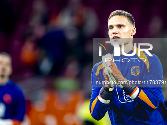 Netherlands goalkeeper Bart Verbruggen participates in the match between the Netherlands and Hungary at the Johan Cruijff ArenA for the UEFA...