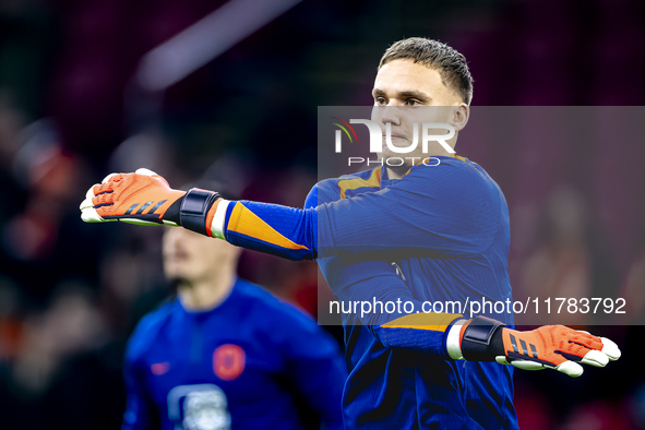 Netherlands goalkeeper Bart Verbruggen participates in the match between the Netherlands and Hungary at the Johan Cruijff ArenA for the UEFA...