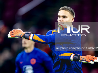 Netherlands goalkeeper Bart Verbruggen participates in the match between the Netherlands and Hungary at the Johan Cruijff ArenA for the UEFA...