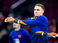 Netherlands goalkeeper Bart Verbruggen participates in the match between the Netherlands and Hungary at the Johan Cruijff ArenA for the UEFA...