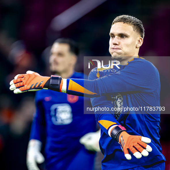 Netherlands goalkeeper Bart Verbruggen participates in the match between the Netherlands and Hungary at the Johan Cruijff ArenA for the UEFA...