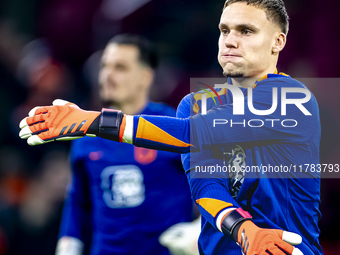 Netherlands goalkeeper Bart Verbruggen participates in the match between the Netherlands and Hungary at the Johan Cruijff ArenA for the UEFA...