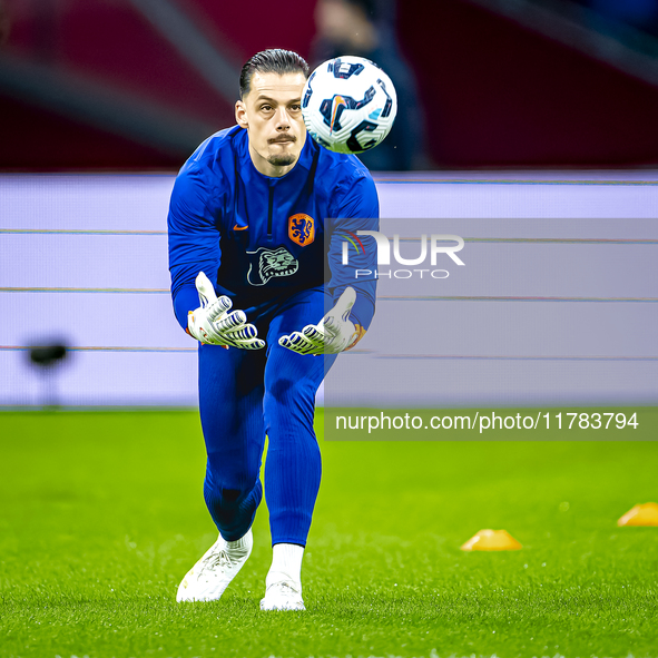 Netherlands goalkeeper Nick Olij participates in the match between the Netherlands and Hungary at the Johan Cruijff ArenA for the UEFA Natio...