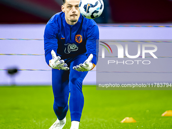 Netherlands goalkeeper Nick Olij participates in the match between the Netherlands and Hungary at the Johan Cruijff ArenA for the UEFA Natio...