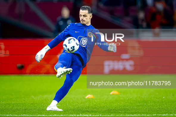 Netherlands goalkeeper Nick Olij participates in the match between the Netherlands and Hungary at the Johan Cruijff ArenA for the UEFA Natio...