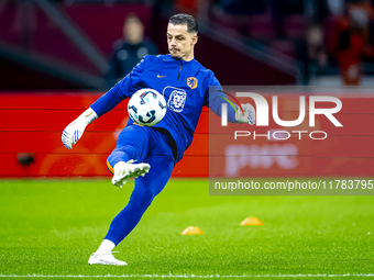 Netherlands goalkeeper Nick Olij participates in the match between the Netherlands and Hungary at the Johan Cruijff ArenA for the UEFA Natio...