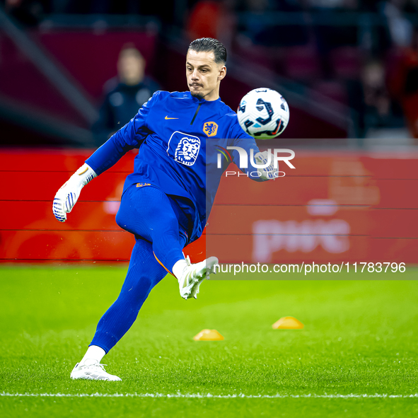 Netherlands goalkeeper Nick Olij participates in the match between the Netherlands and Hungary at the Johan Cruijff ArenA for the UEFA Natio...