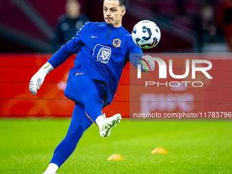 Netherlands goalkeeper Nick Olij participates in the match between the Netherlands and Hungary at the Johan Cruijff ArenA for the UEFA Natio...