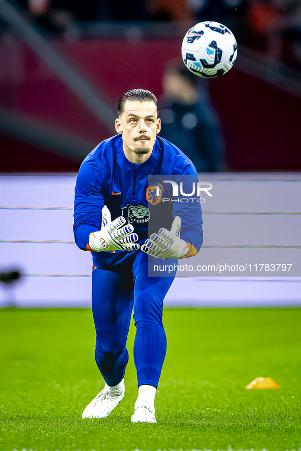 Netherlands goalkeeper Nick Olij participates in the match between the Netherlands and Hungary at the Johan Cruijff ArenA for the UEFA Natio...