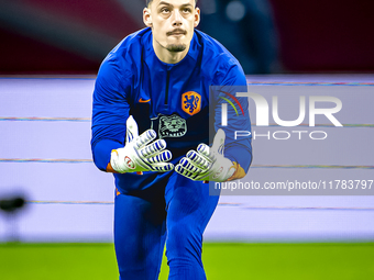 Netherlands goalkeeper Nick Olij participates in the match between the Netherlands and Hungary at the Johan Cruijff ArenA for the UEFA Natio...