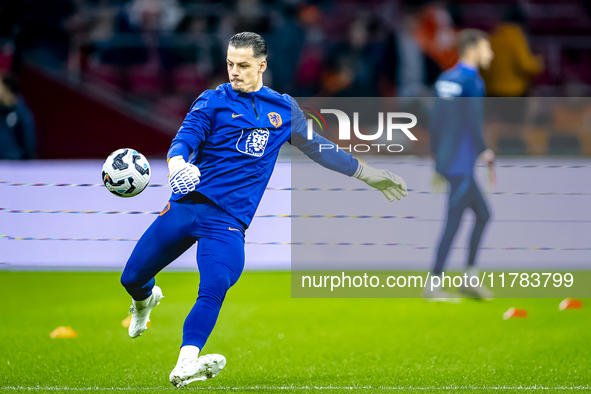 Netherlands goalkeeper Nick Olij participates in the match between the Netherlands and Hungary at the Johan Cruijff ArenA for the UEFA Natio...