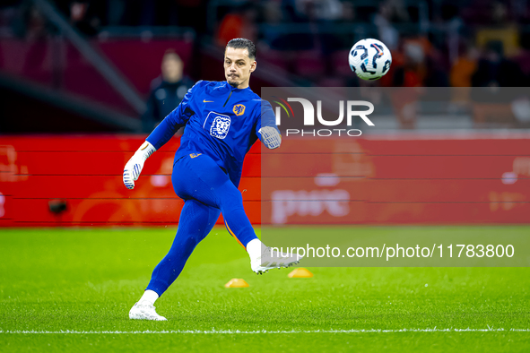 Netherlands goalkeeper Nick Olij participates in the match between the Netherlands and Hungary at the Johan Cruijff ArenA for the UEFA Natio...