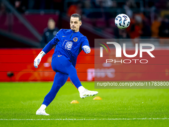 Netherlands goalkeeper Nick Olij participates in the match between the Netherlands and Hungary at the Johan Cruijff ArenA for the UEFA Natio...