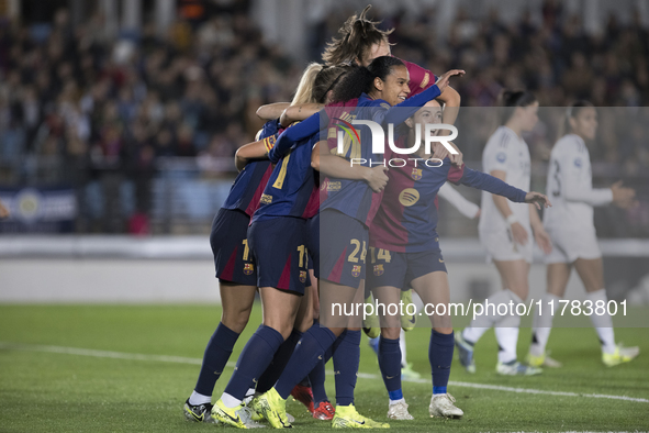 Several players of FC Barcelona celebrate a goal during the LIGA F match between Real Madrid and FC Barcelona at Alfredo Di Stefano Stadium...