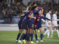 Several players of FC Barcelona celebrate a goal during the LIGA F match between Real Madrid and FC Barcelona at Alfredo Di Stefano Stadium...