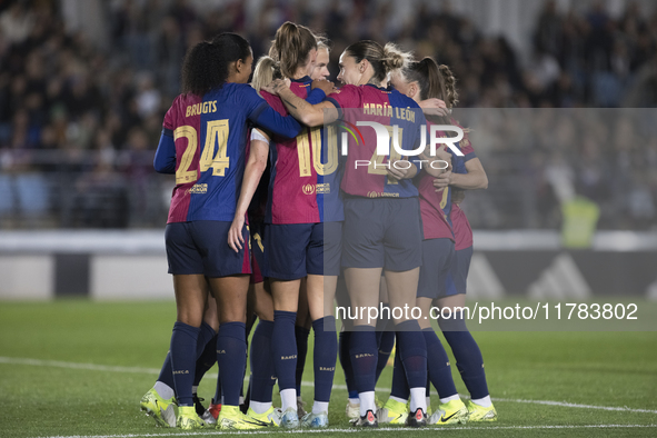 Several players of FC Barcelona celebrate a goal during the LIGA F match between Real Madrid and FC Barcelona at Alfredo Di Stefano Stadium...