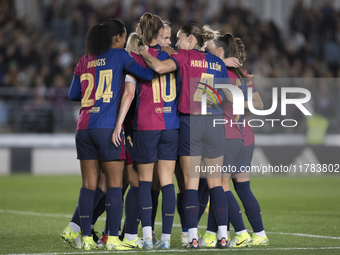 Several players of FC Barcelona celebrate a goal during the LIGA F match between Real Madrid and FC Barcelona at Alfredo Di Stefano Stadium...