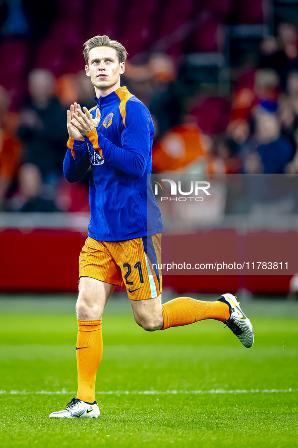 Netherlands midfielder Frenkie de Jong participates in the match between the Netherlands and Hungary at the Johan Cruijff ArenA for the UEFA...