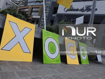 Residents of the town of Xoco in Coyoacan, Mexico City, place signs and banners outside the Mitikah shopping mall to protest the constructio...