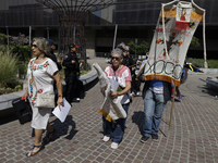 Residents of the town of Xoco in Coyoacan, Mexico City, protest outside the Mitikah shopping mall in Mexico City, Mexico, on November 16, 20...