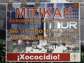 Residents of the town of Xoco in Coyoacan, Mexico City, place signs and banners outside the Mitikah shopping mall to protest the constructio...