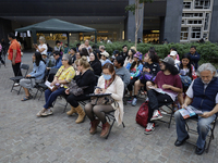 Residents of the town of Xoco in Coyoacan, Mexico City, protest outside the Mitikah shopping mall in Mexico City, Mexico, on November 16, 20...