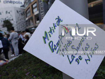 Residents of the town of Xoco in Coyoacan, Mexico City, place signs and banners outside the Mitikah shopping mall to protest the constructio...