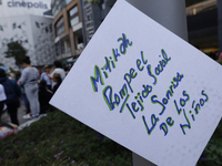 Residents of the town of Xoco in Coyoacan, Mexico City, place signs and banners outside the Mitikah shopping mall to protest the constructio...